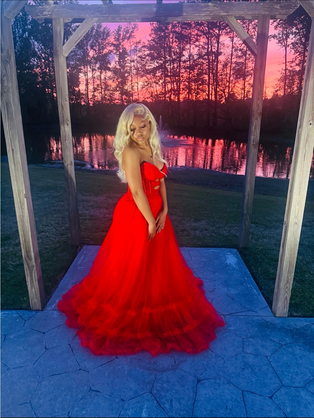 Red Strapless Tulle Prom Gown
